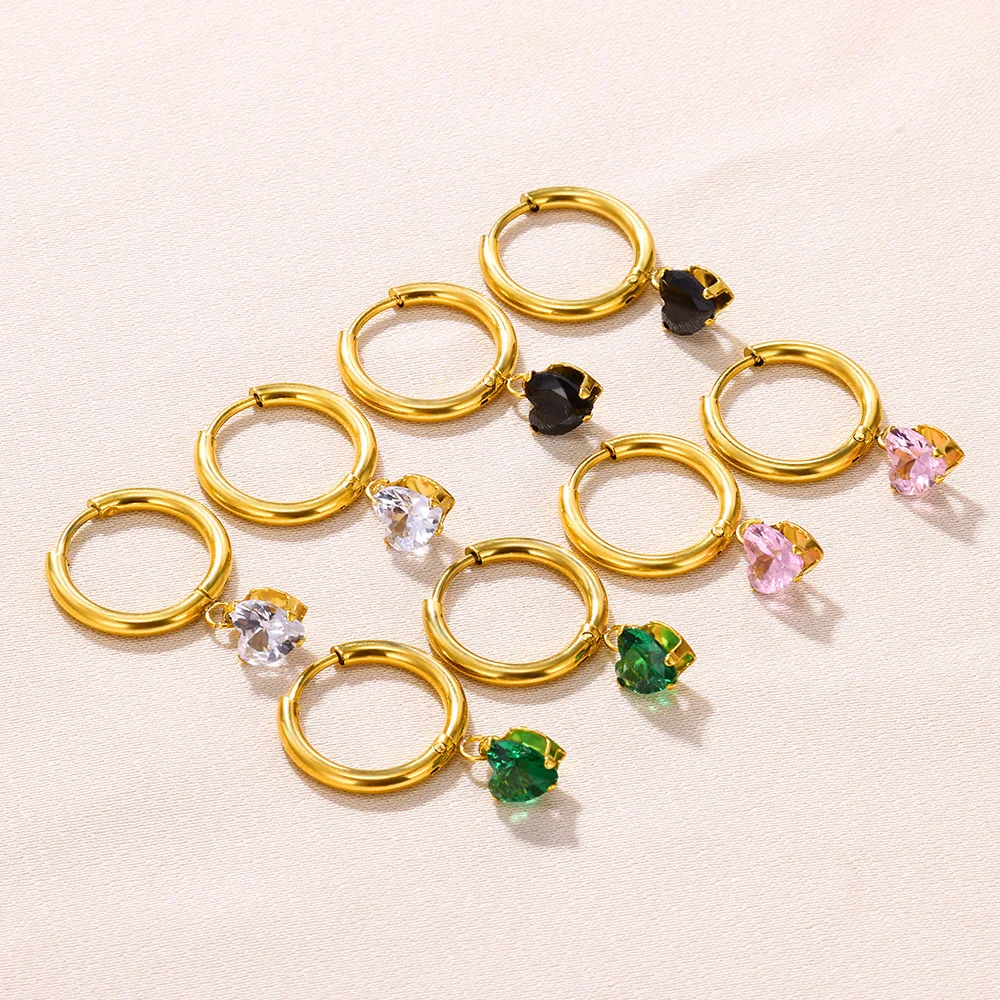 Fashion Pink Crystal Heart Hoop Earrings For Women Gold Color Geometric Pendant Earrings Luxury Jewelry Gifts Wholesale
