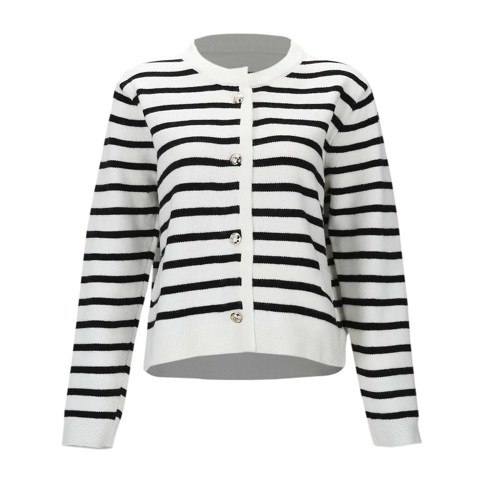 

Striped Sweater Cardigan Women Button Up Round Neck Knit Top Black and White Stripe Knitted Sweater Female Knitwear Yuqung