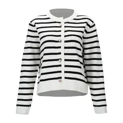 Striped Sweater Cardigan Women Button Up Round Neck Knit Top Black and White Stripe Knitted Sweater Female Knitwear Yuqung