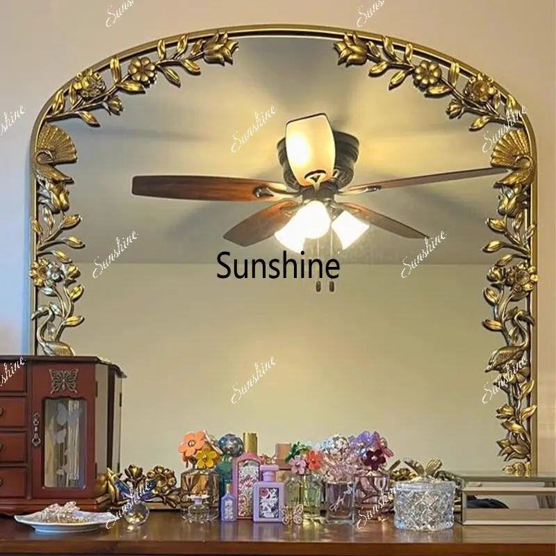 French vintage makeup mirror, classic carved gold court-style entryway mirror