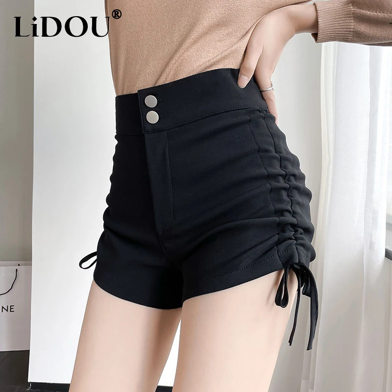 

Summer New Oversized Trend Shirring Bandage Slim Black Short Lady High Waist Casual Fashion All-match Shorts Women's Clothing