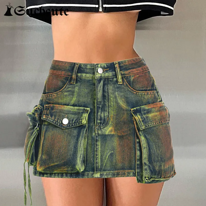 

SUCHCUTE Harajuku Vintage Tie-dye Print Mini Skirts Grunge Streetwear Fairycore Cargo Skirts Women y2k Low Waist Denim Clothes