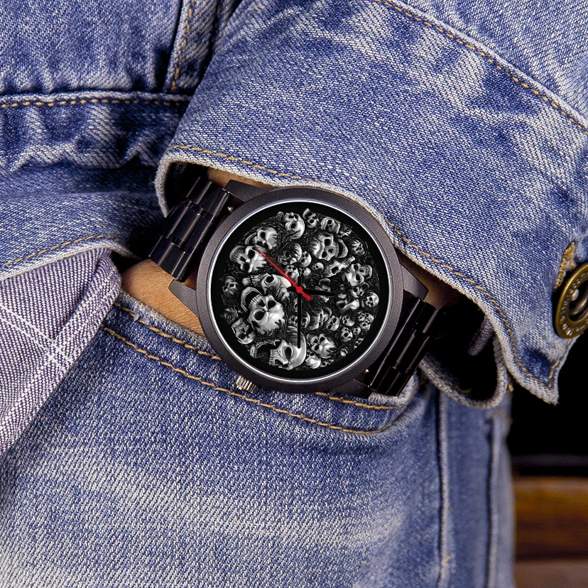 Skeleton Skull Dial Gentleman Quartz Watch Men Personalized Wristwatch Black Fashion Souvenir Gift For Male Friend Husband