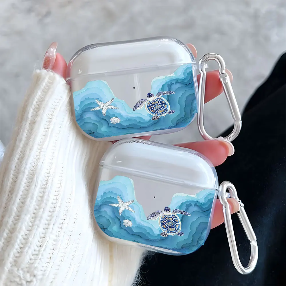 Blue Ocean Turtle Pattern Clear Earphone Case for AirPods 1/2/3/4 Earbuds For AirPods Pro 3/Pro 2/Pro Case TPU Protective Cover