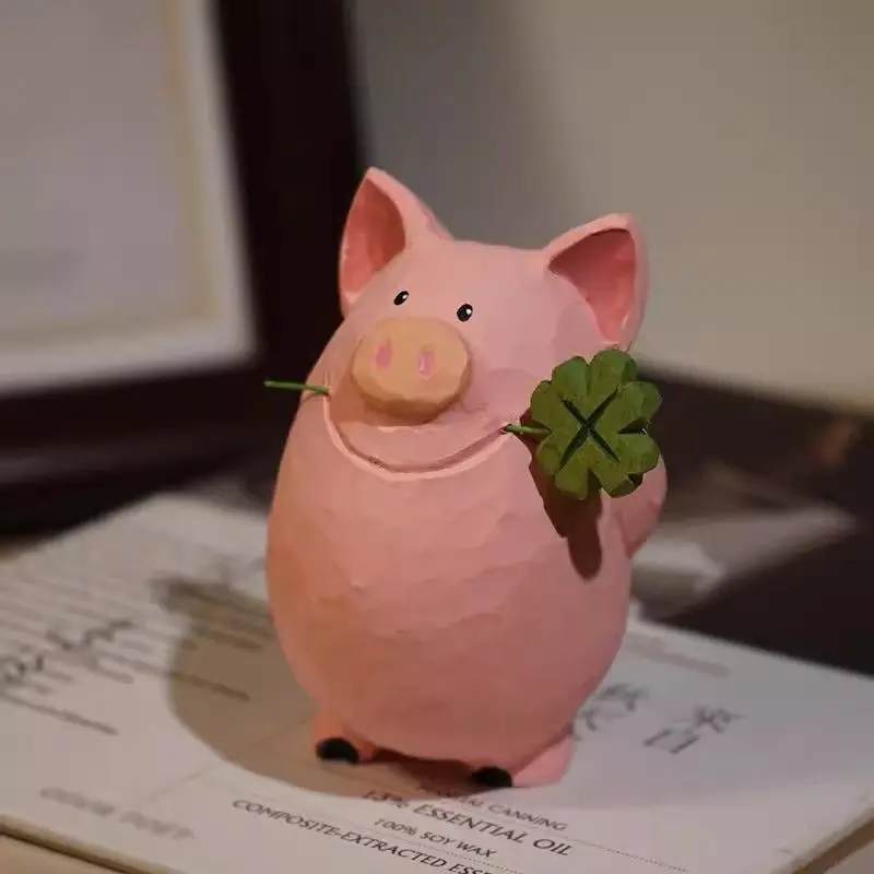 

Lucky Pig Four-leaf Clover Cute Creative Wood Carving Desktop Ornaments Handmade Birthday Gift for Girls