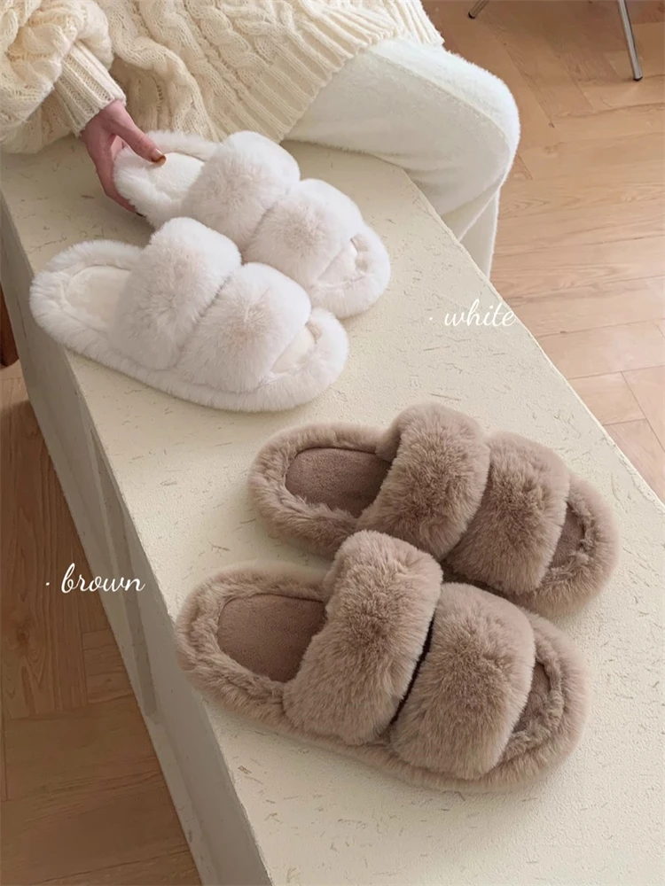 ผู้หญิงรองเท้าแตะบ้านอเนกประสงค์ One-piece Fuzzy รองเท้าแตะผู้หญิงแบน Casual Anti SLIP ฤดูใบไม้ร่วงและฤดูหนาวสีทึบในร่ม