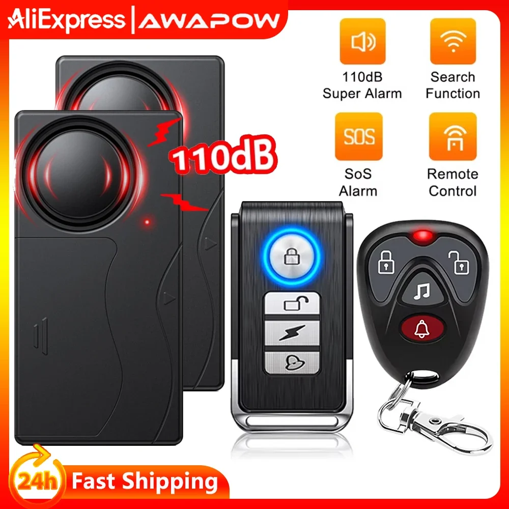 Image of Awapow Drahtloser Vibrations-Fahrrad-Motorrad-Alarm, Diebstahlschutz für Tür und Fenster, 110dB laute Fernbedienung, Sicherheit für Zuhause und Fahrrad
