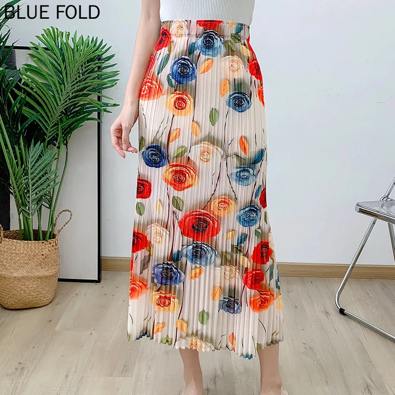 MIYAKE PLEATS Wrinkled Summer New Skirt Women's Colorful Printed Slim Wrapped Hip Skirt Women's Wea Faldas Ropa De Mujer Elegan