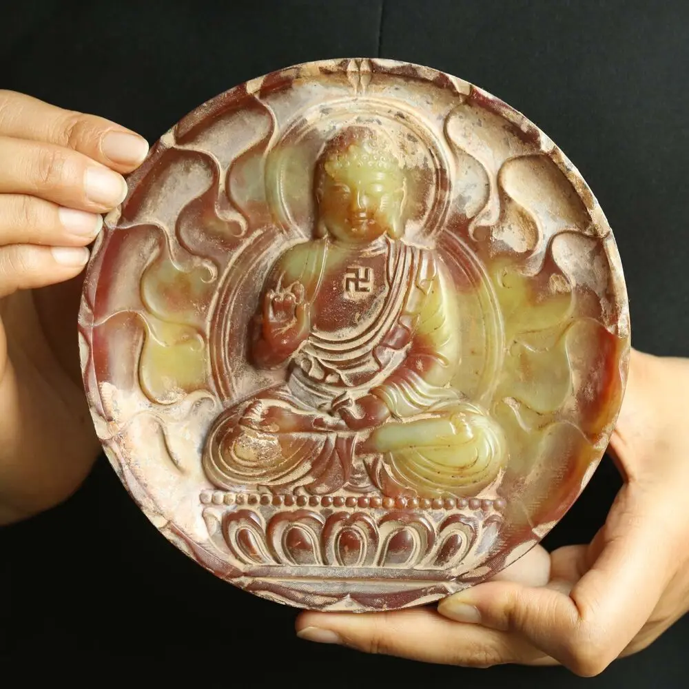 

Old natural jade hand-carved statue of buddha plate Yu Bi