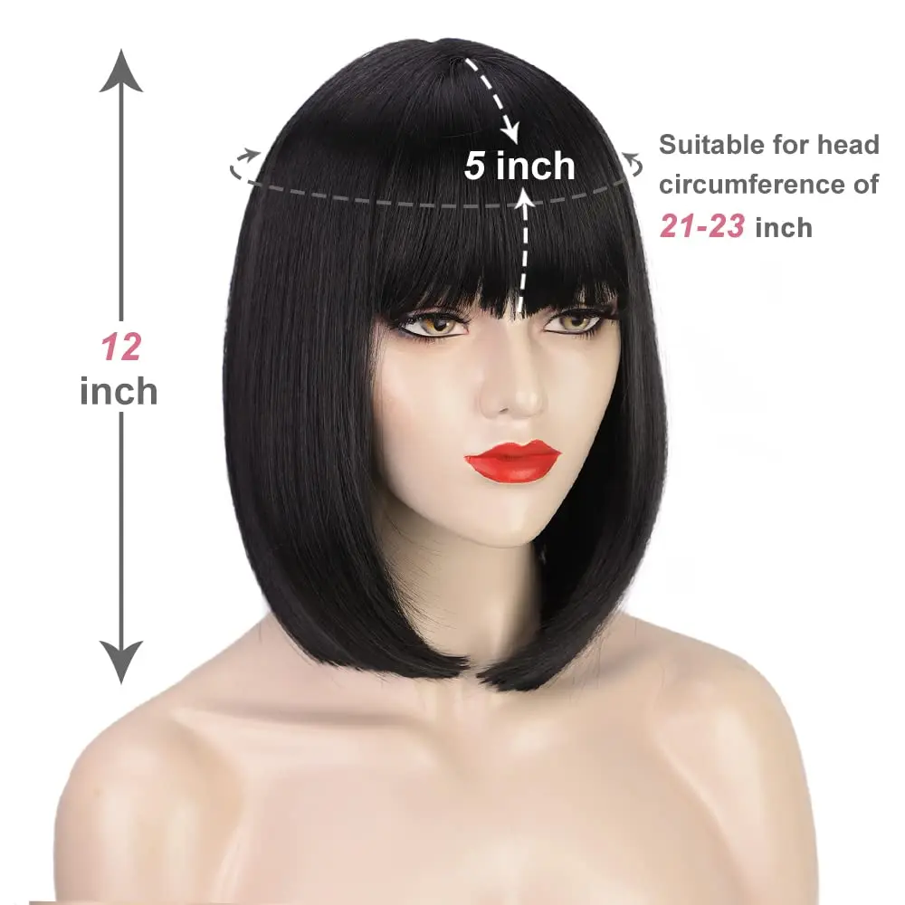 باروكات صناعية بطول 12 بوصة مع غرة، شعر مستعار أسود مستقيم، شعر مستعار أنيق، مظهر طبيعي للاستخدام اليومي للحفلات #4