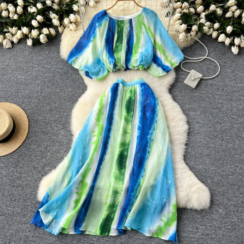 Elegant and Chic Women Colorful Beach Holiday Skirts Suit Casual Shirts Top A-Line Saya Outfits Female Two Pieces Set New Cloths