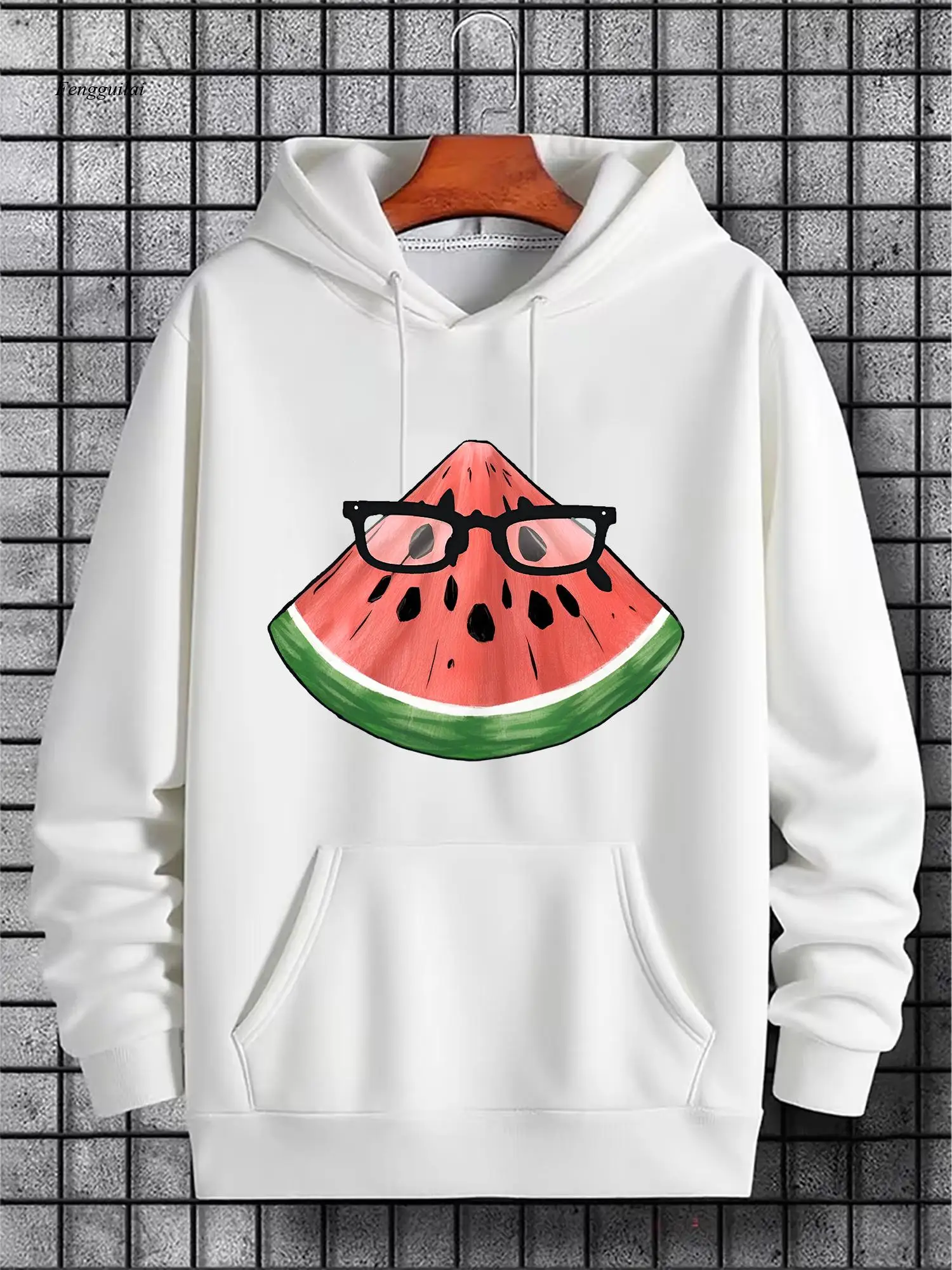 هوديي بنمط البطيخ مع نظارات - بلوفر كاجوال، تصميم مضحك، أكمام طويلة، قماش غير قابل للتمدد