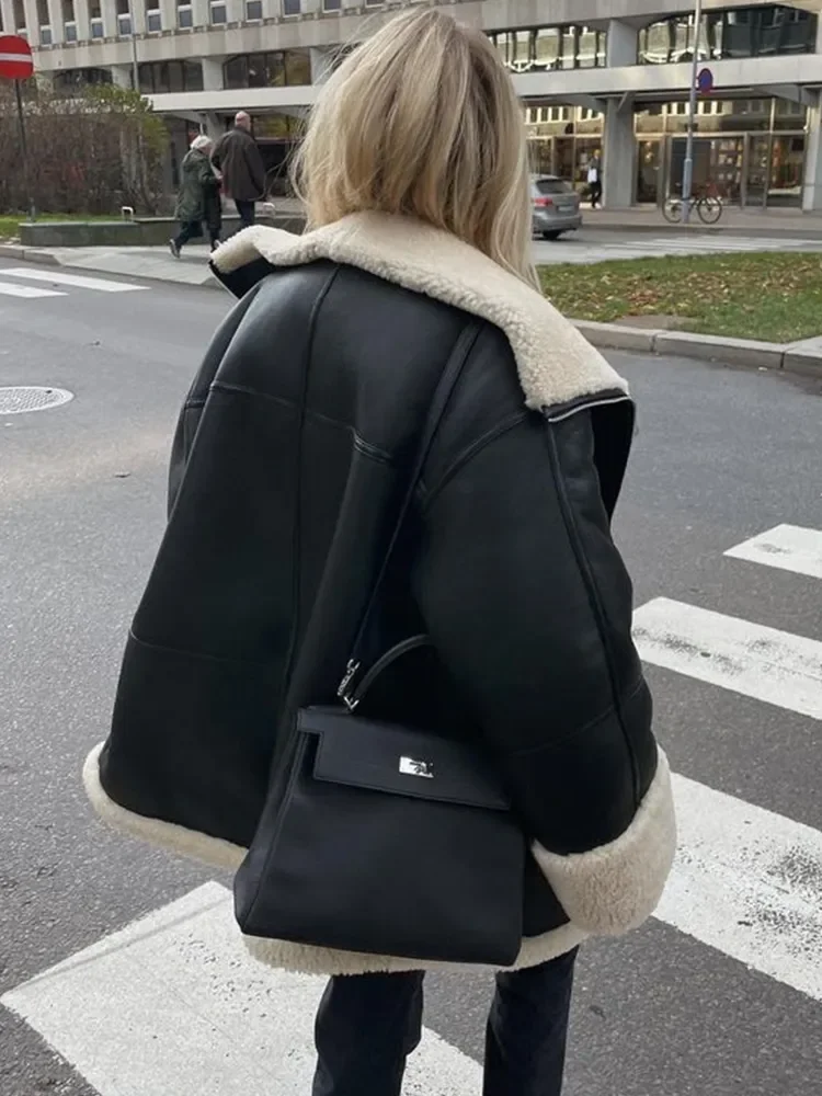 Abrigos de cuero grueso con solapas de terciopelo para mujer, chaquetas de manga larga para bicicleta, abrigos de motor negros para mujer, moda de