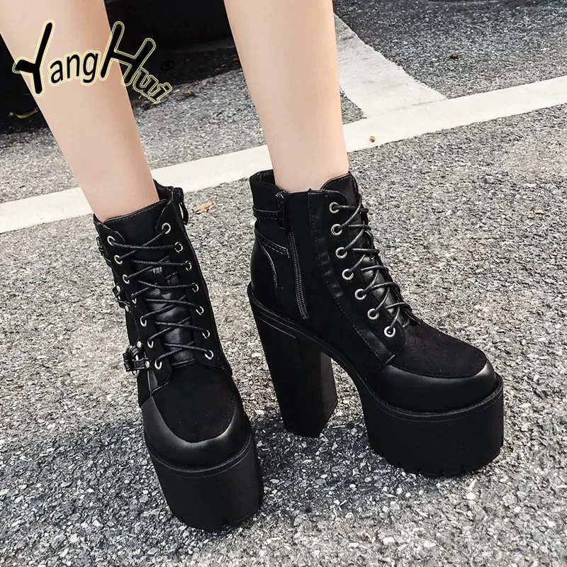 Punk Style Retro Shoes for Women Platform Super High Hells Ankle Women\'s Pumps 2023 New T-stage Modern Boots Autumn Winter
