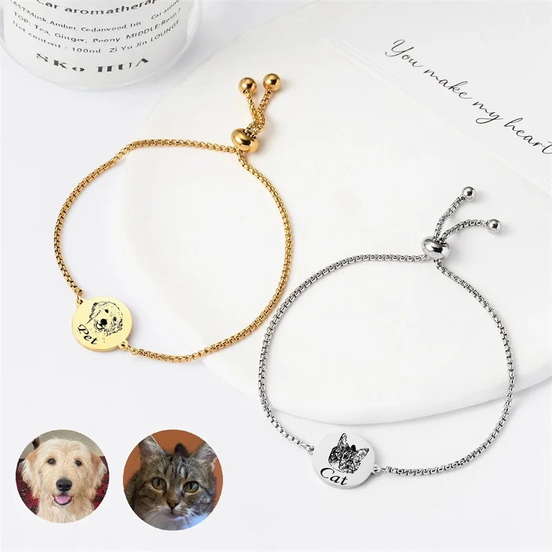 شخصية الحيوانات الأليفة صورة سوار مخصص محفورة اسم الصورة جولة القرص سوار مجوهرات تذكارية هدية لمحبي الحيوانات الأليفة