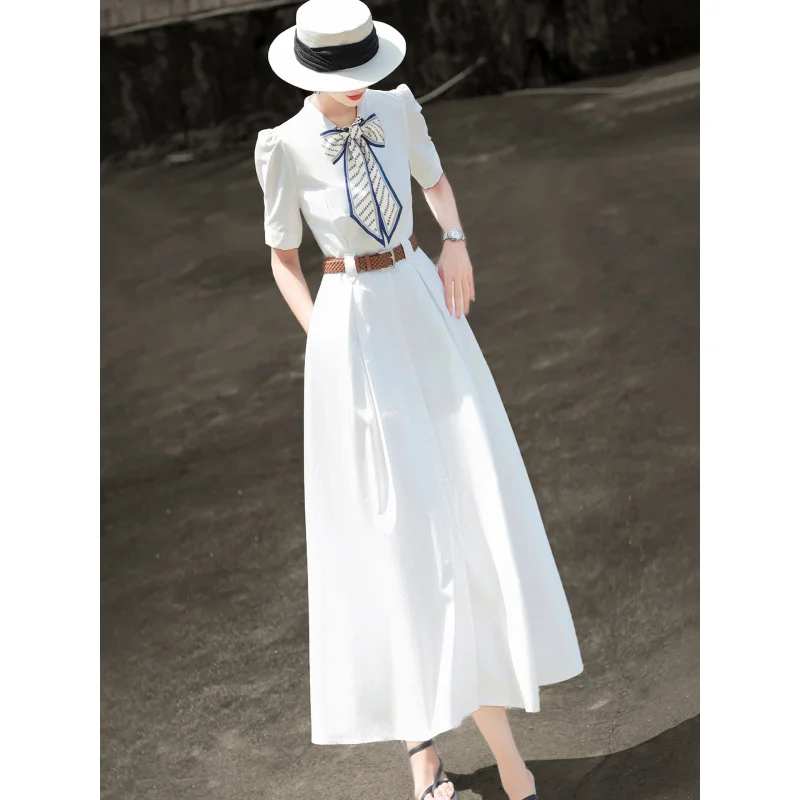 

MEXCOCO 2026 Summer New Arrival Elegant Commuter Dress, Bow Scarf Neck Short Sleeve Shirt Dress, High End Style for Women