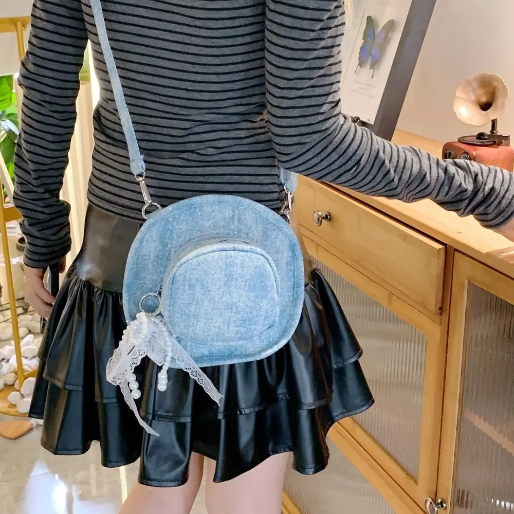 

Simple Vintage Denim Hat Crossbody Bag Large Capacity Bow Denim Canvas Bag Casual Solid Color Jeans Shoulder Bag Women