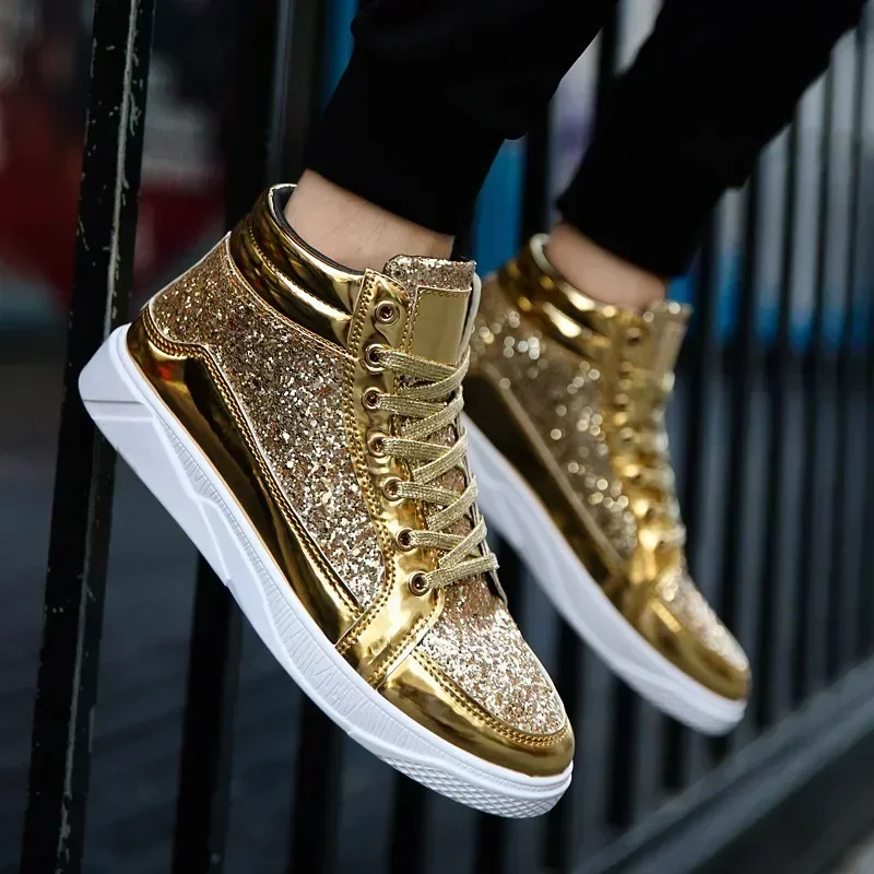 

Men's Gold Sequins Platform Boots Autumn Fashion Casual Sports Shoes Thick Bottom Vulcanized Shoes Man Flats Heels Shoes Hombres