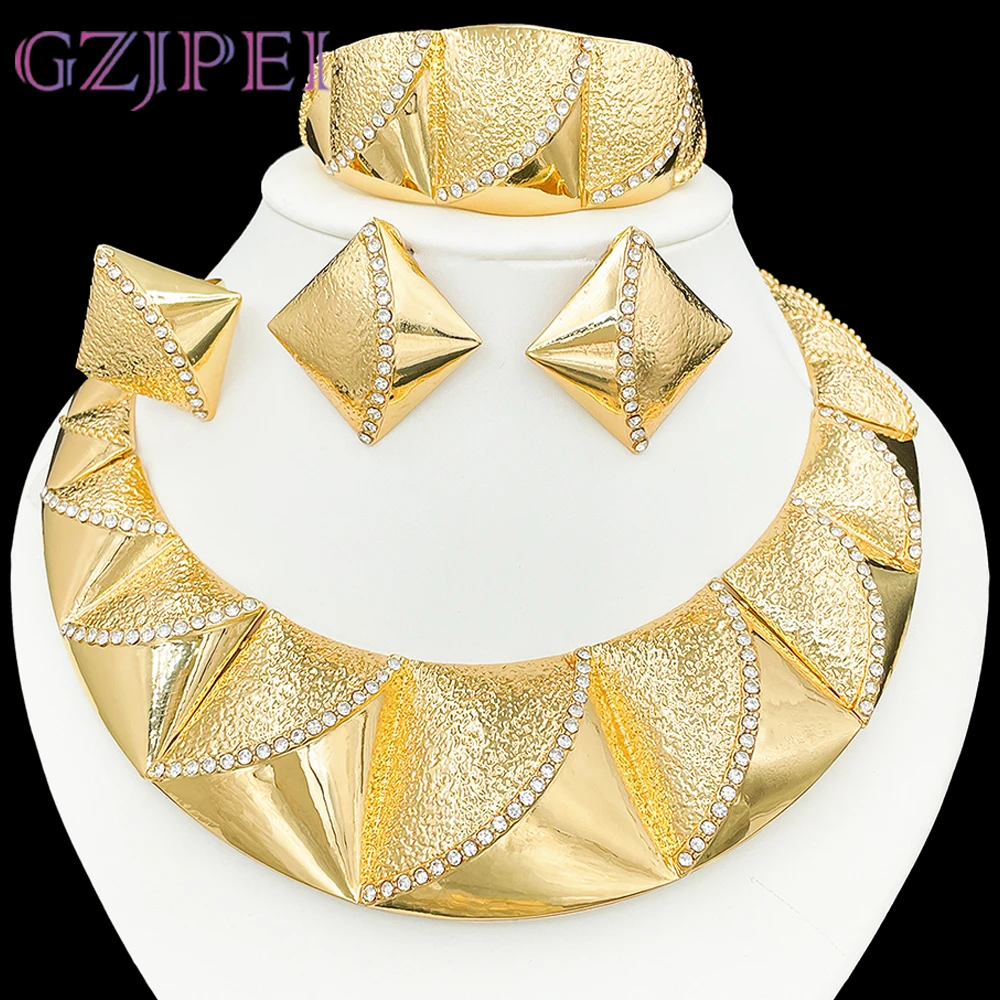 GZJPEI African Chunky Big Jewelry Set 18K Gold Plated Geometric Triangle Crystal Jewelry For Women Bridal Wedding Party Ornament