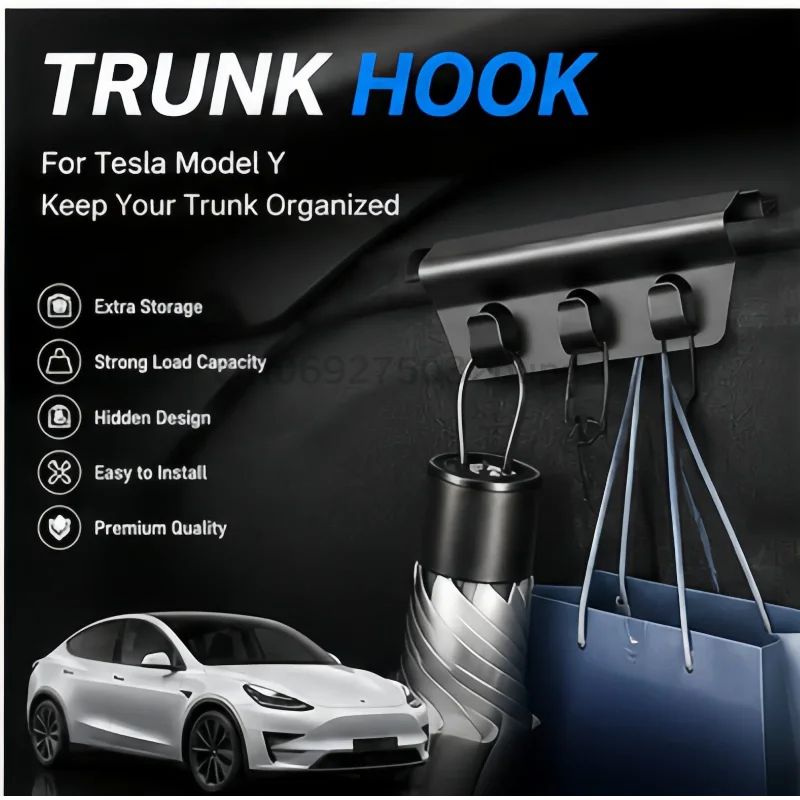 For Tesla Model Y YL Juniper Rear Trunk Hook Seat Button Cargo Grocery Shopping Bag Holder Umbrella Hanger Storage Accessories