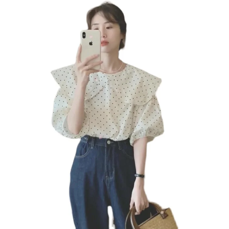 French Doll Collar Top Summer Women's Sweet Puff Sleeves Chiffon Design Niche White Polka Dot Short-Sleeved Shirt s362