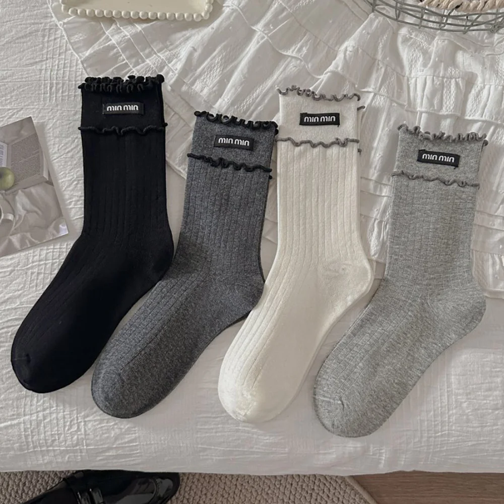 

4 Pair Embroidered Women's Socks Cute Ruffled Edge Solid Color Long Korean Style Women Socks Autumn Winter Brand Designer Socks