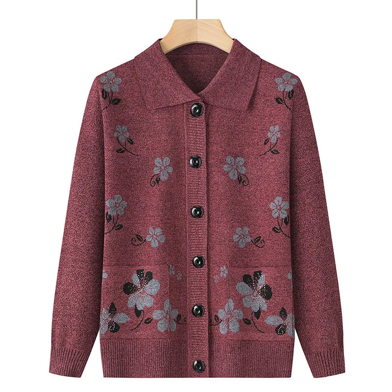 Grandma's Spring Autumn Cardigan Lapel Sweater Winter Womens Clothing Vintage Knitting Middle Aged Mother Knitwears Coat