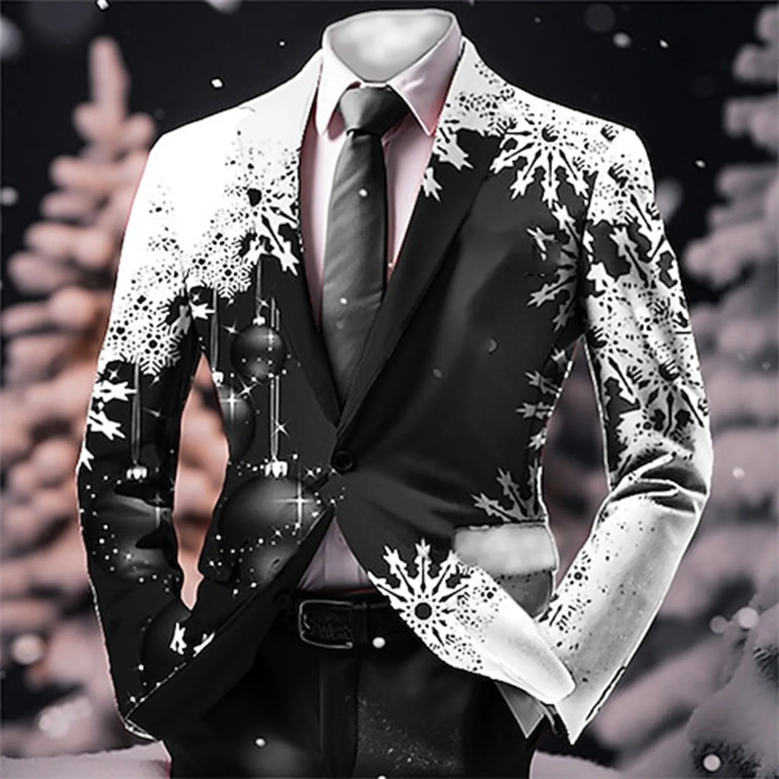 Snowflake Print Men Christmas Blazers Single Breasted Business Casual Slim Fit Suit Jacket Outdoor Party Christmas Suit Men