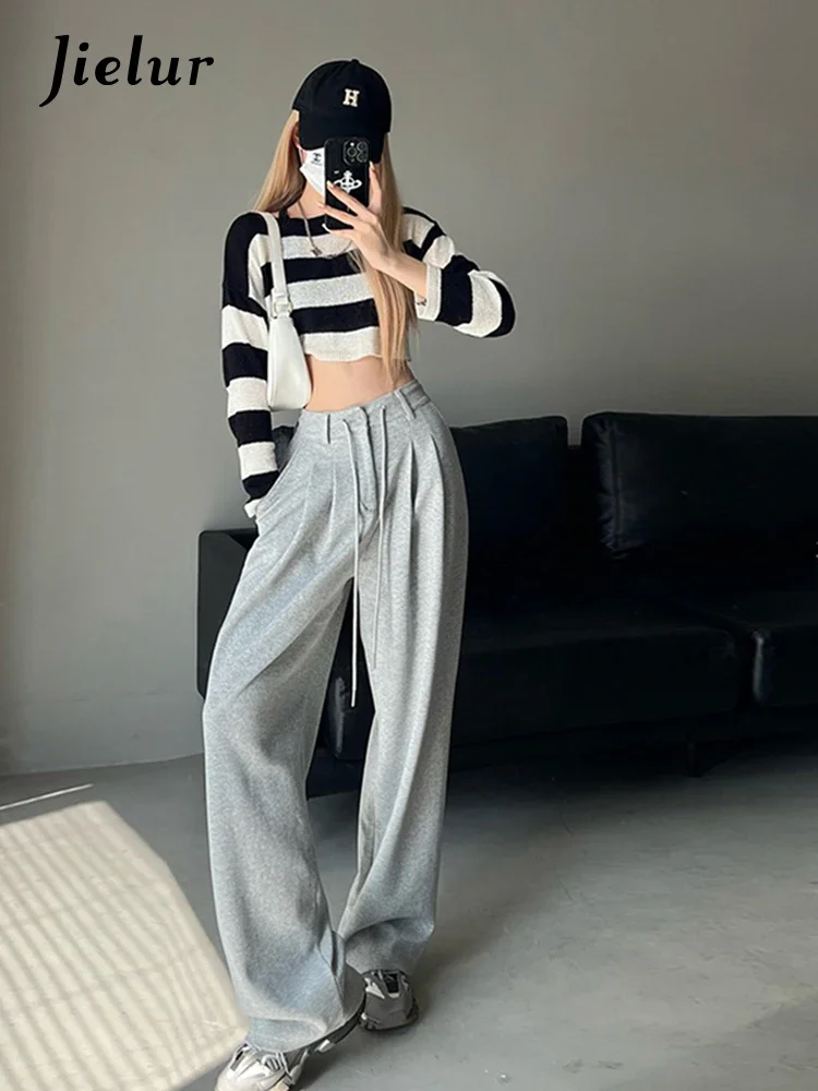 Jielur New High Waist American Solid Color Women\'s Pants Drawstring Loose Straight Pants Woman Grey Casual Pants Summer Female