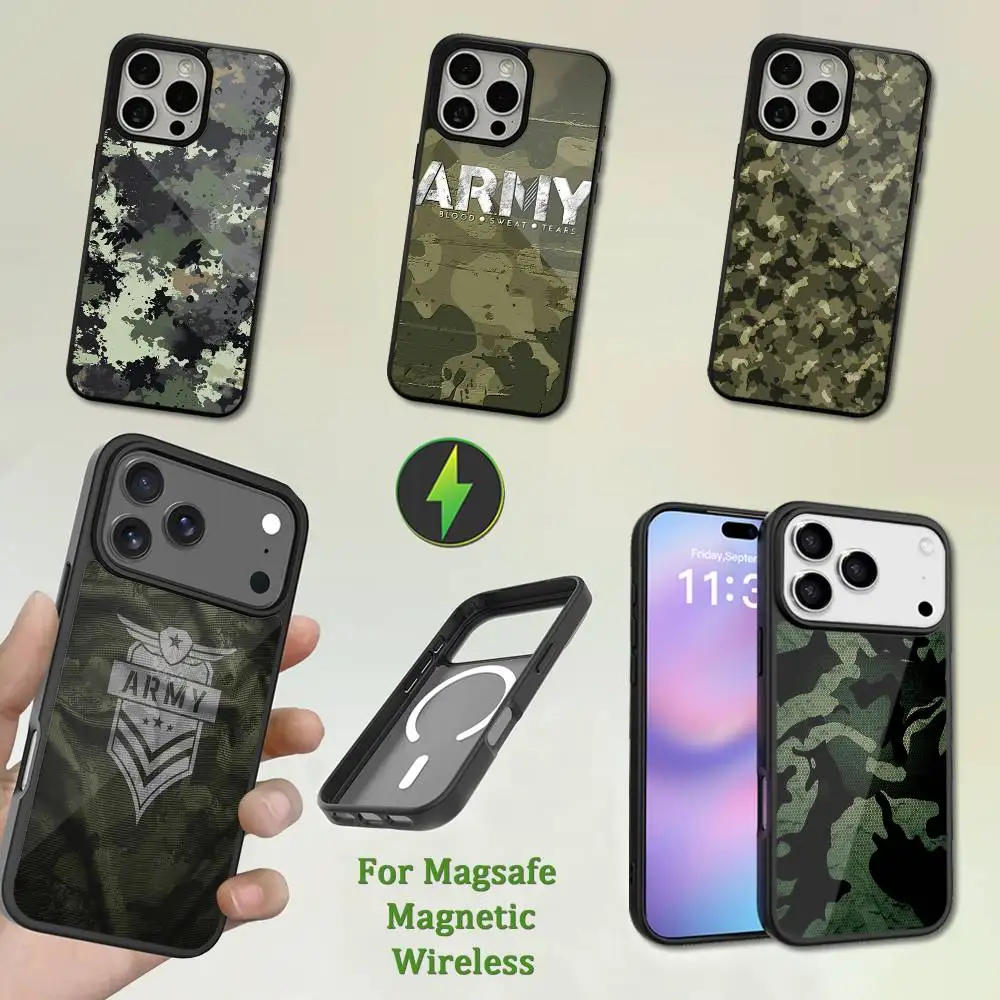 

Jungle Art Army Camouflage For iPhone 16,14,13,15,11,12,17,Plus,Mini, Pro,For Magsafe,Max,Magnetic Wireless Charging Case