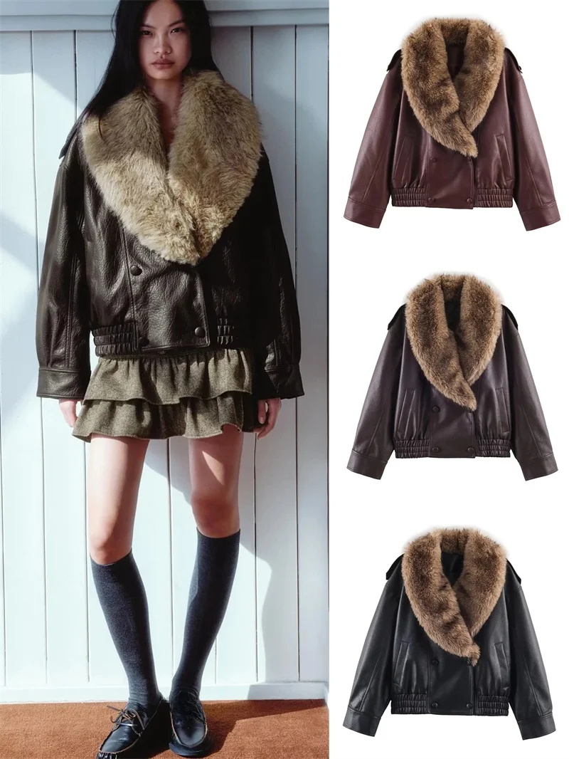 

Winter New Loose Women's Faux Leather Jaet Coat Fur Collar Detachable Fur Trim Straight Cut Long Sve Button Decorated