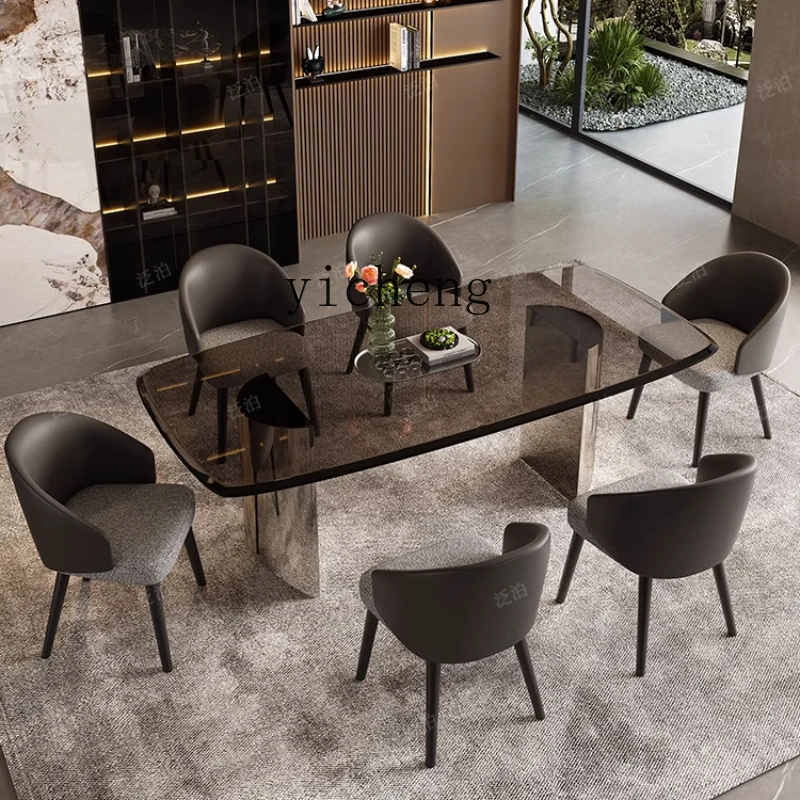 ZC black tempered glass dining table modern simple high-end fashion table stainless steel mirror dining table
