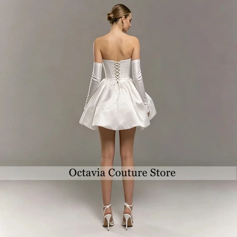 Customized Satin Short Wedding Dress Fashion Strapless Detachable Long Sleeves Crystal Stone Mini Bridal Gown for Bride
