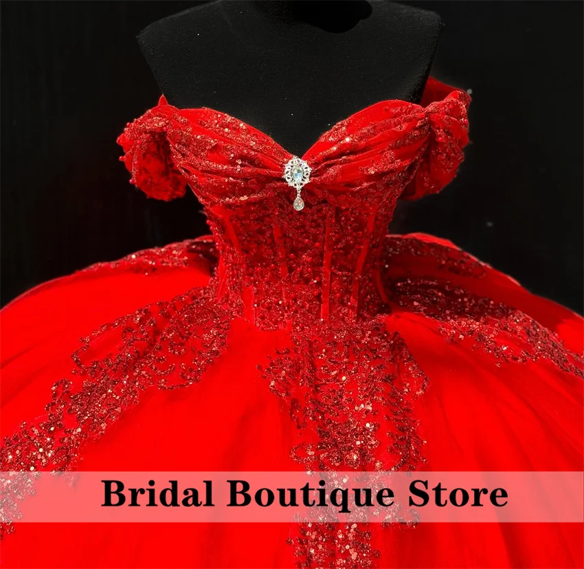 プリンセスレッドキンセアニェーラ-15歳の誕生日パーティードレス,カスタム,クリスタルビーズ,スパンコール,ボールガウン,アップリケ付き