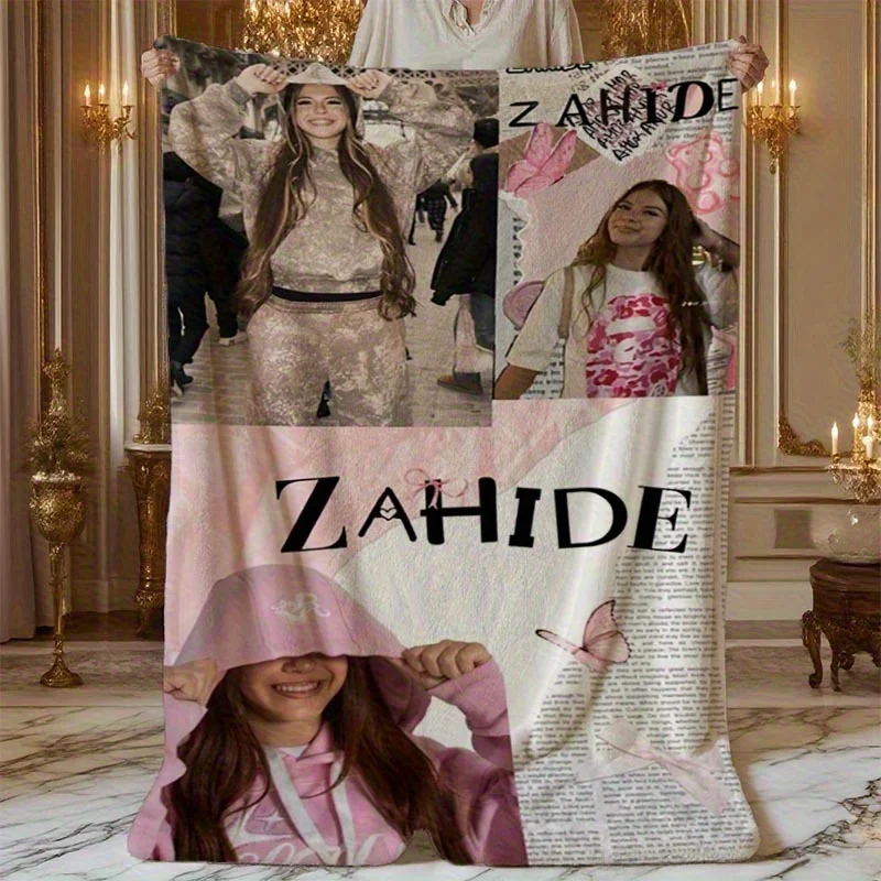 Customize Zahide Pink Collage Art Printed Flannel Blanket, Modern Style, Digital Printing, All-Season Warmth, Ideal for Sofa, Of