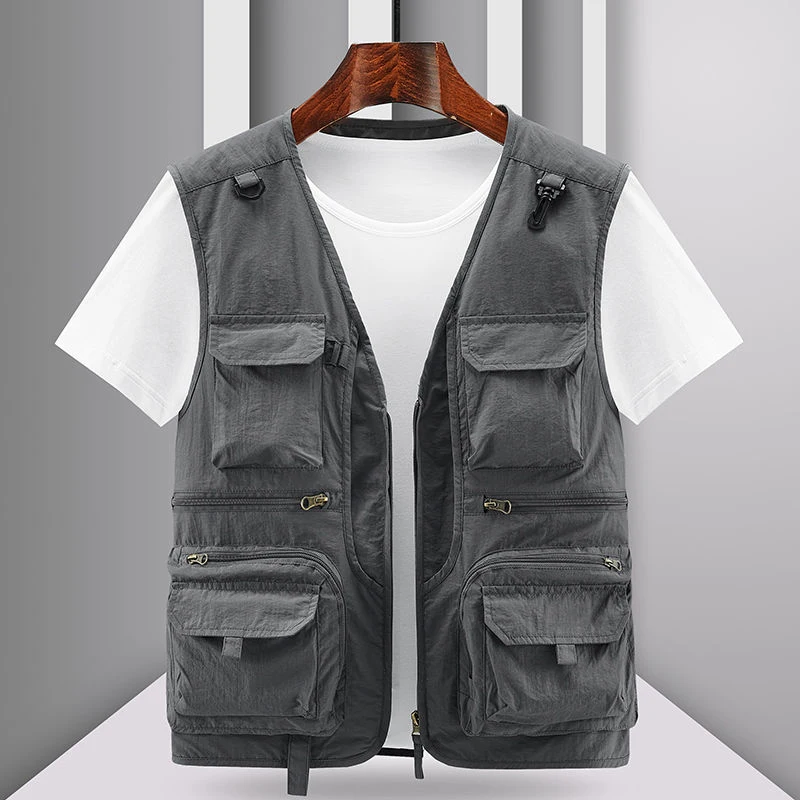 Men Outdoor Vest Multi-Pocket Solid Color Fishing Director Reporter Work Waistcoat Photography Casual Vest Jacket Male