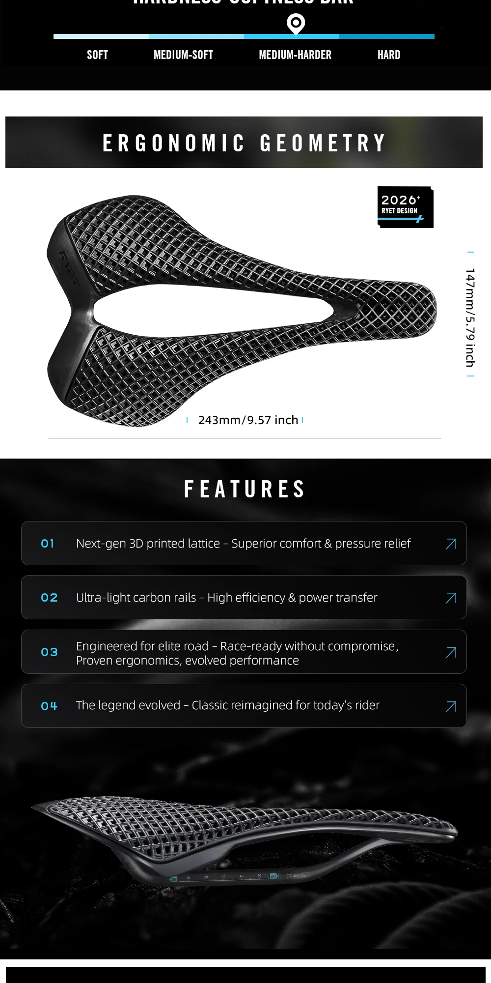 2026 RYET Ultraleichter Carbon-Fahrradsattel VCM 243x147mm für Rennradfahren 3D-Gedruckter Radsitz Sitzkissen Fahrradteile – Detail 3