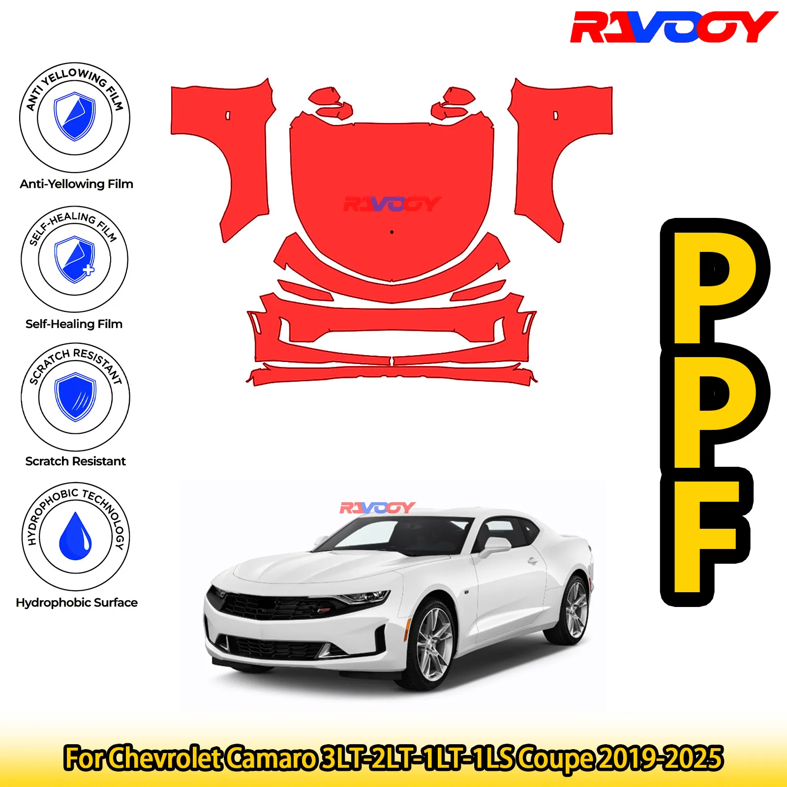 

Для Chevrolet Camaro 3LT-2LT-1LT-1LS Coupe 2019-2025 глянцевый матовый черный предварительно вырезанный передний комплект PPF защитная пленка для краски