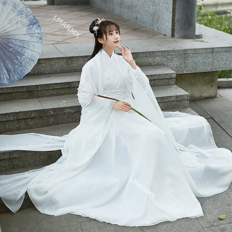 Vestido cosplay hanfu chinês para mulheres, quimonos tradicionais, estilo Tang Dynasty, hanfu moderno, vestido de princesa fada branca