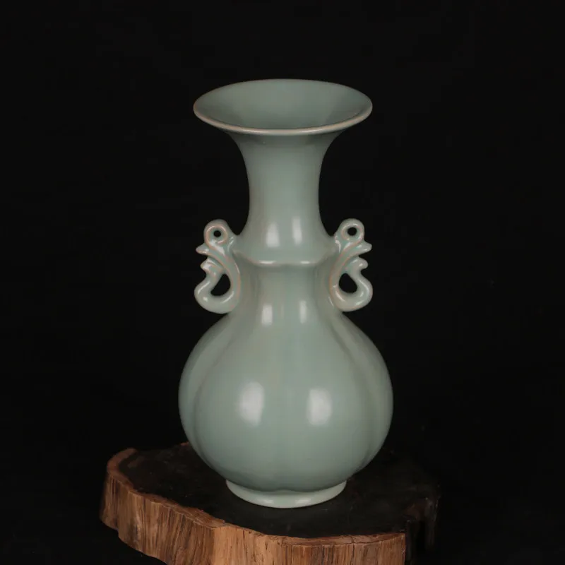 Chinese Ru Kiln Celadon Melon Ribbed Double Ear Vase Reproduction Home Decor Collectible Display