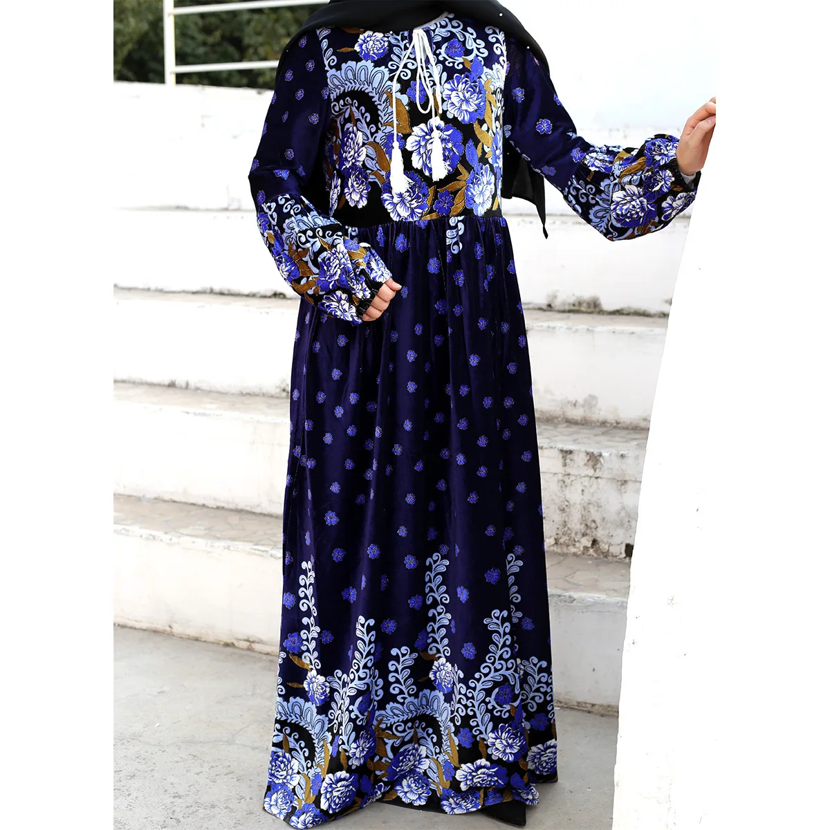 Plus-size Loose Dress for Women Corduroy Muslim Dress Women Autumn Winter Print Women Clothes Arab Turkish Dresses Abaya Dubai