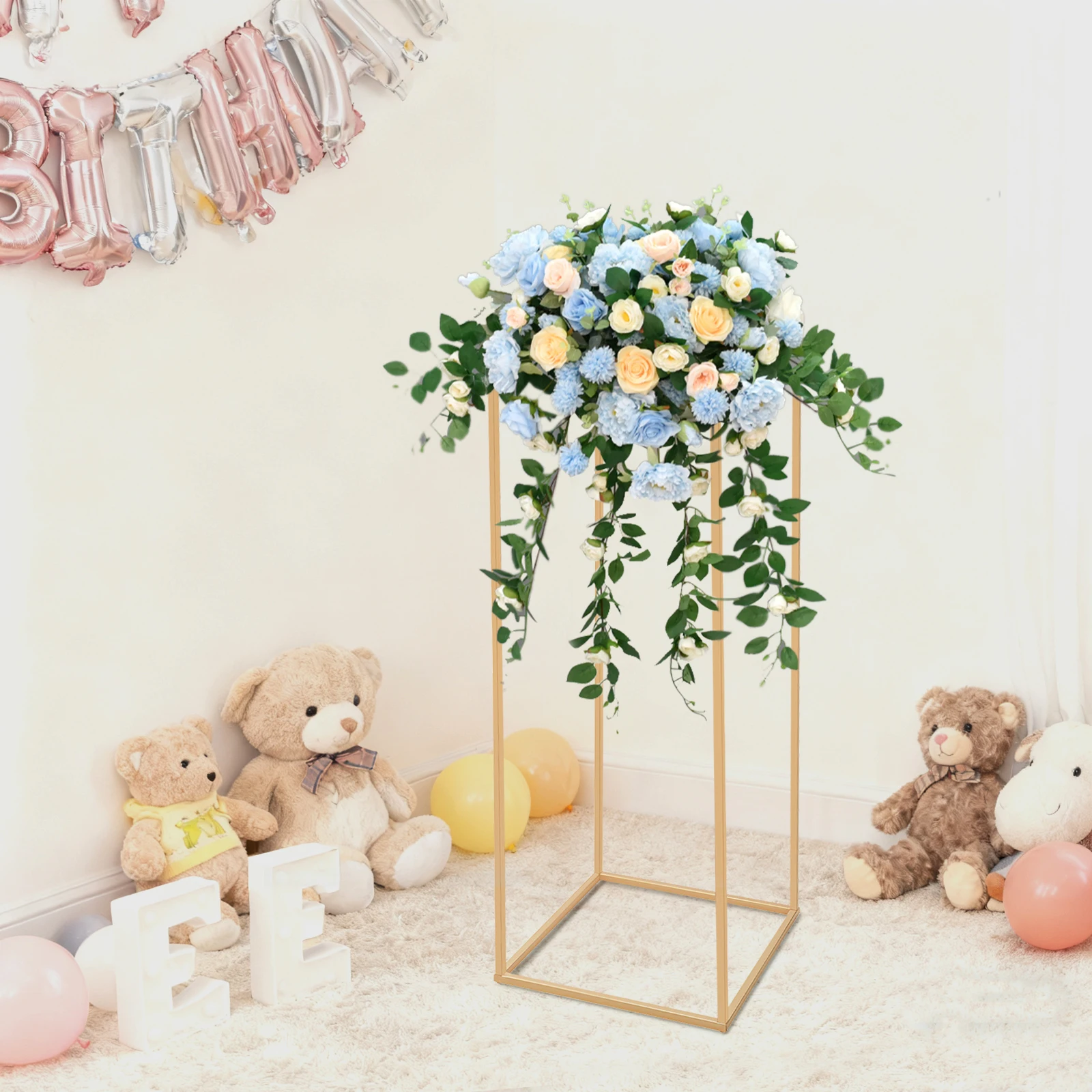Wedding Flower Stand, Gold Floral Display Column with Acrylic Panel, 28x28x80cm Metal Frame, Rustproof Party Home Decor