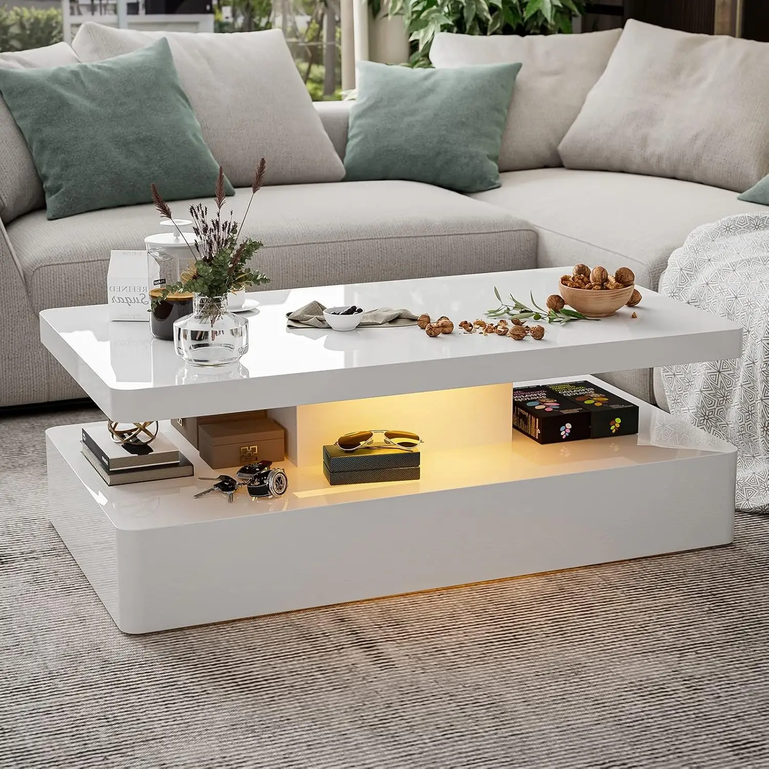 

High Glossy Coffee Table, Modern Coffee Table for Living Room, 2 Tiers Rectangle Design Coffee Table with 16 Colors LED Lights