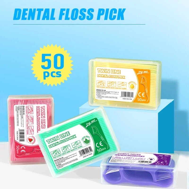 Hilo Dental con sabor a fruta colorida, limpiador de dientes con caja de almacenamiento, doble línea, palo de dientes de fuerza de alta resistencia, 50 unids/lote por caja