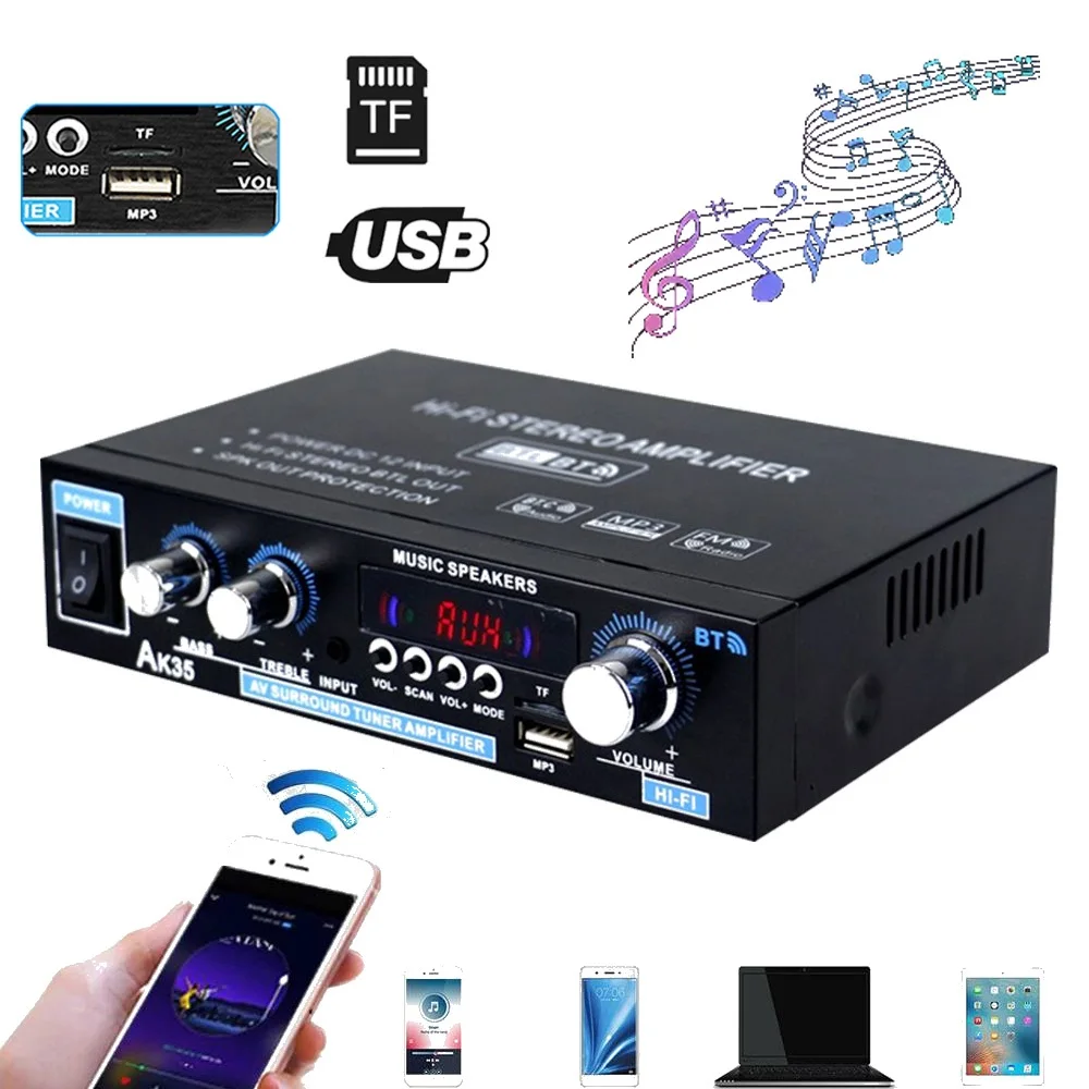 

HiFi цифровые AK35 Bluetooth усилители MP3-канальный 2,0 звуковой усилитель Поддержка 110-240 В для домашнего автомобиля FM USB пульт дистанционного управления