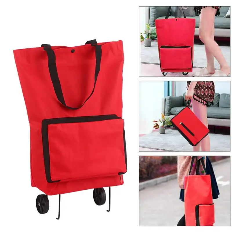 

Collapsible Shopping Trolley Bag with Wheels | Reusable Foldable Grocery Bag | Travel Bag - Red