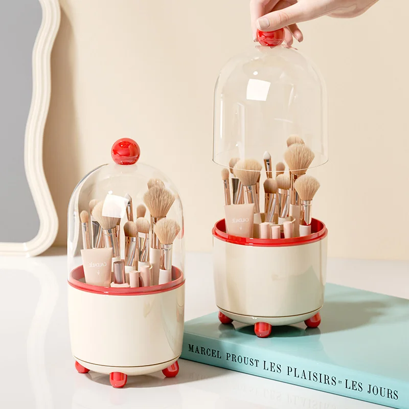 360 °   حامل فرشاة مكياج دوار مع غطاء مقاوم للغبار، منظم فرش مكياج دوار مقاوم للغبار، منظم أدوات التجميل الشفاف