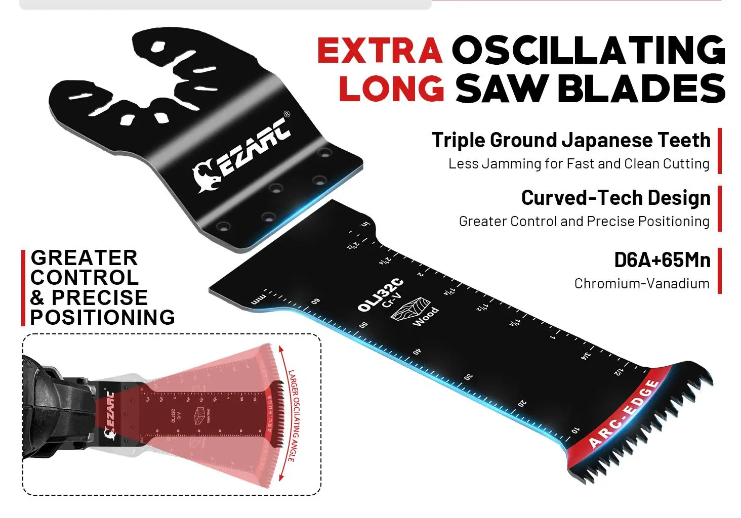 EZARC 5 Stück Japanische Oszillierende Sägeblätter, CRV Extra-Lange Bogenkanten-Multitool-Klingen für Sauberen Schnitt in Holz & Kunststoff – Detail 3