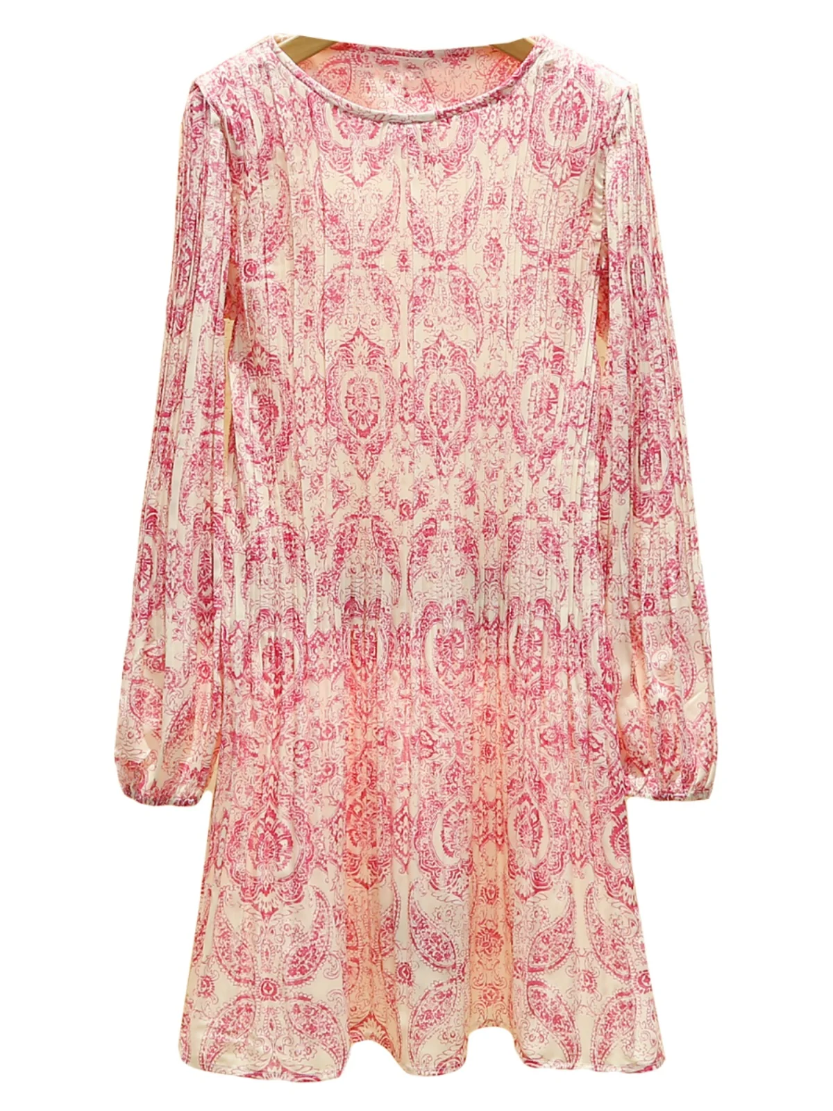 Mホームナンユー高級婦人服ピンク花柄プリントギャザーウエストドレス春秋シーズンファッションハイウエストAラインスカート