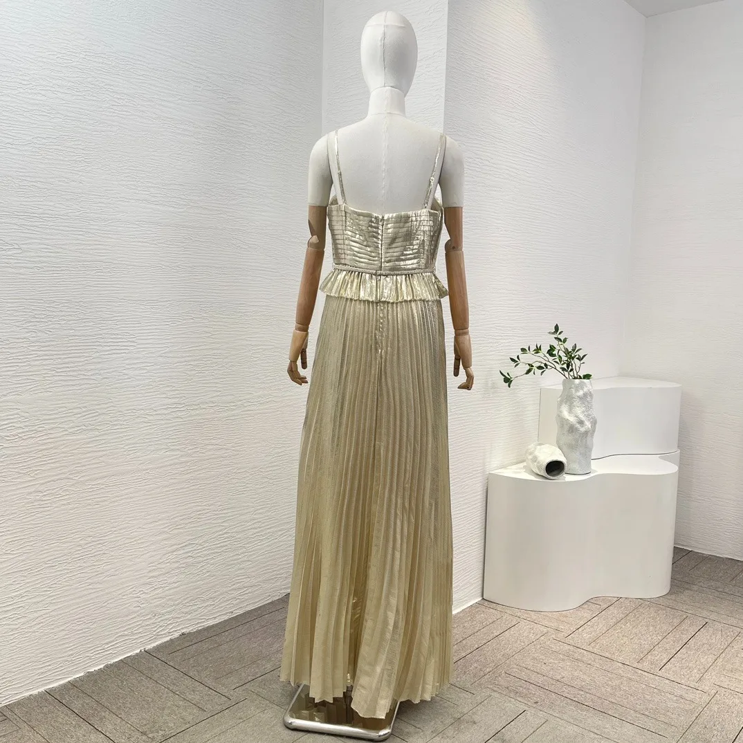 Champagne Gold Sleeveless Flouncing Ruffle Ruched Tube Maxi Dress 2024 New Arrival Spring Summer High Quality Clothing